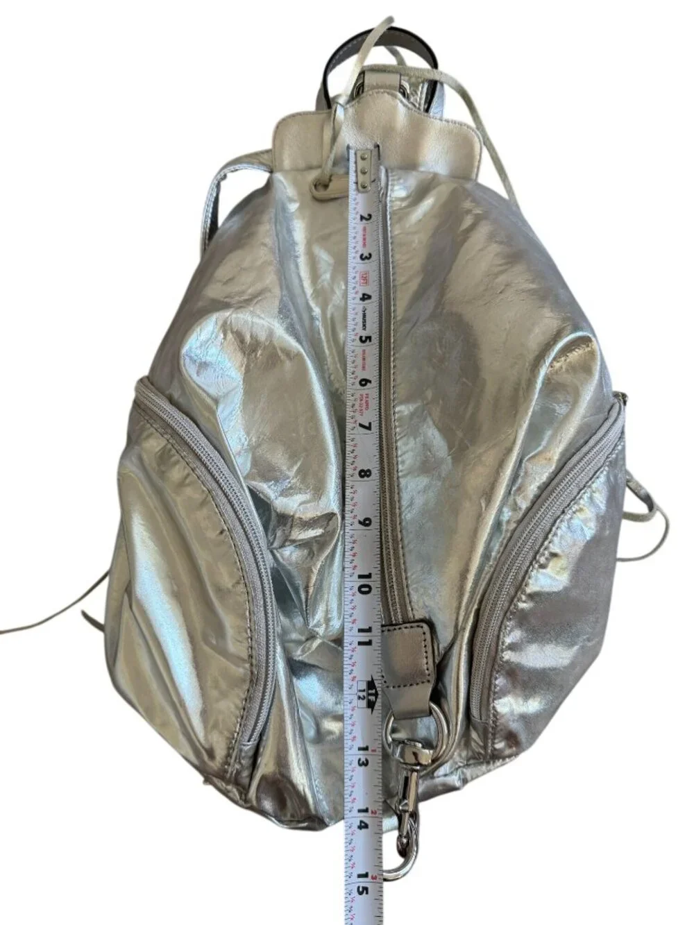 REBECCA MINKOFF Silver Metallic Zip Backpack